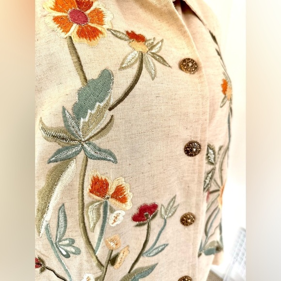 Tapestry Patch Beige Linen Floral Embroidered Lined Jacket Chunky Button Medium - Picture 2 of 9